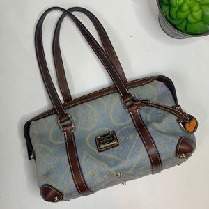 Dooney & Bourke Small Canvas Tote Blue Fabric Brown Trim Shoulder Bag Rare